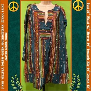 NWT S boho long tunic Forest Green Southwestern/Native/Ethnic print~From VELZERA